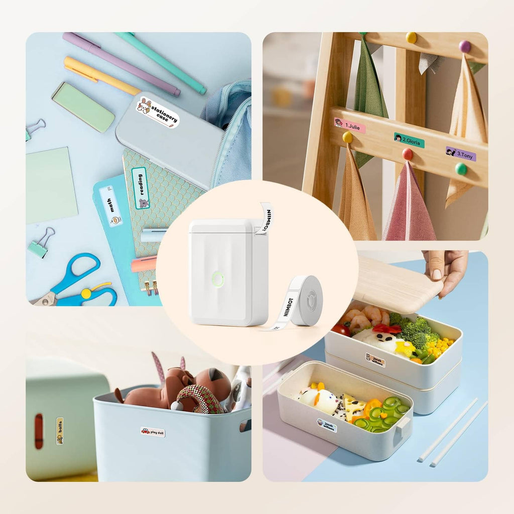 White compact thermal label maker with connected label rolls and label accessories