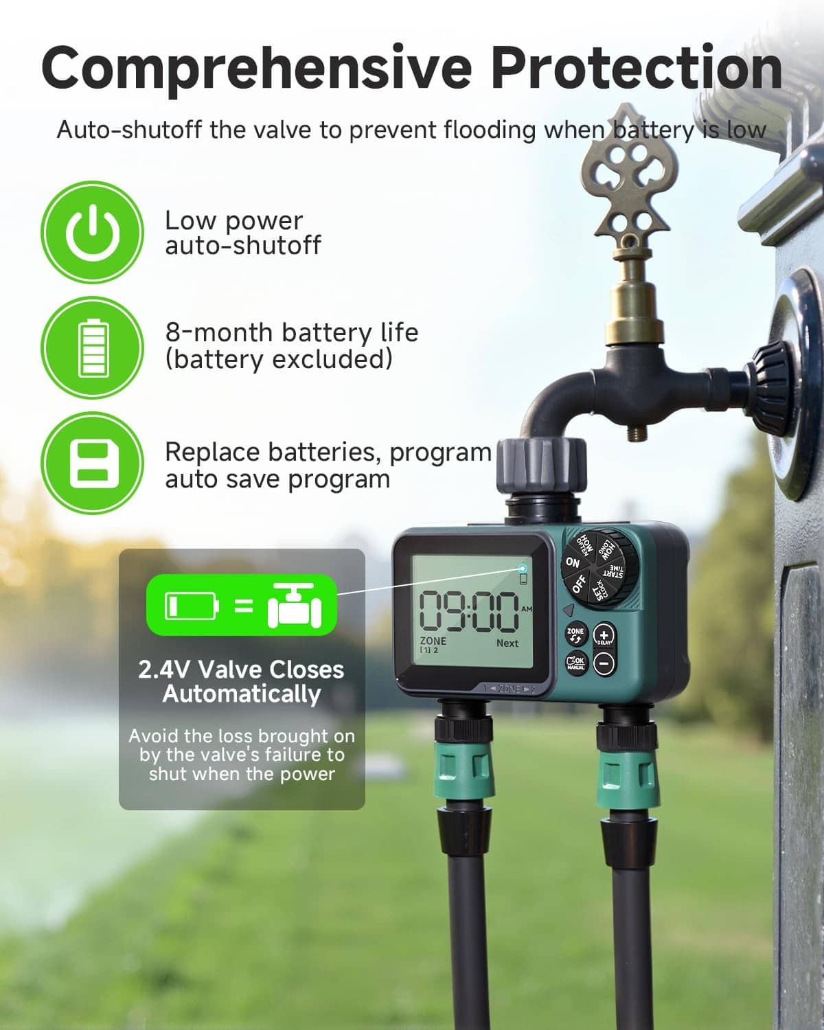 Green 2-zone sprinkler timer with low-power auto shutoff and extended battery life