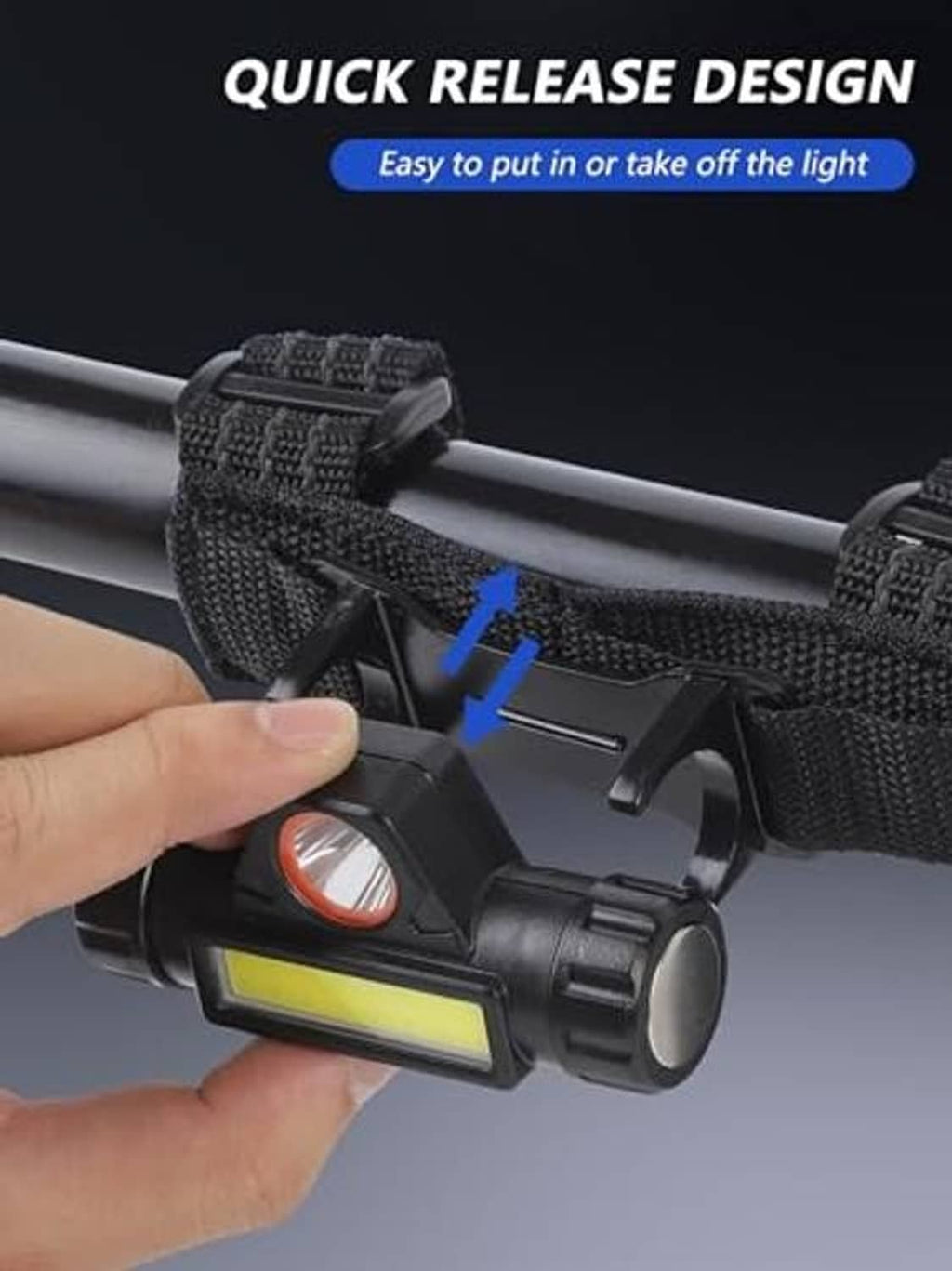 Black UTV roof light with quick-release strap and bracket, shown being attached.