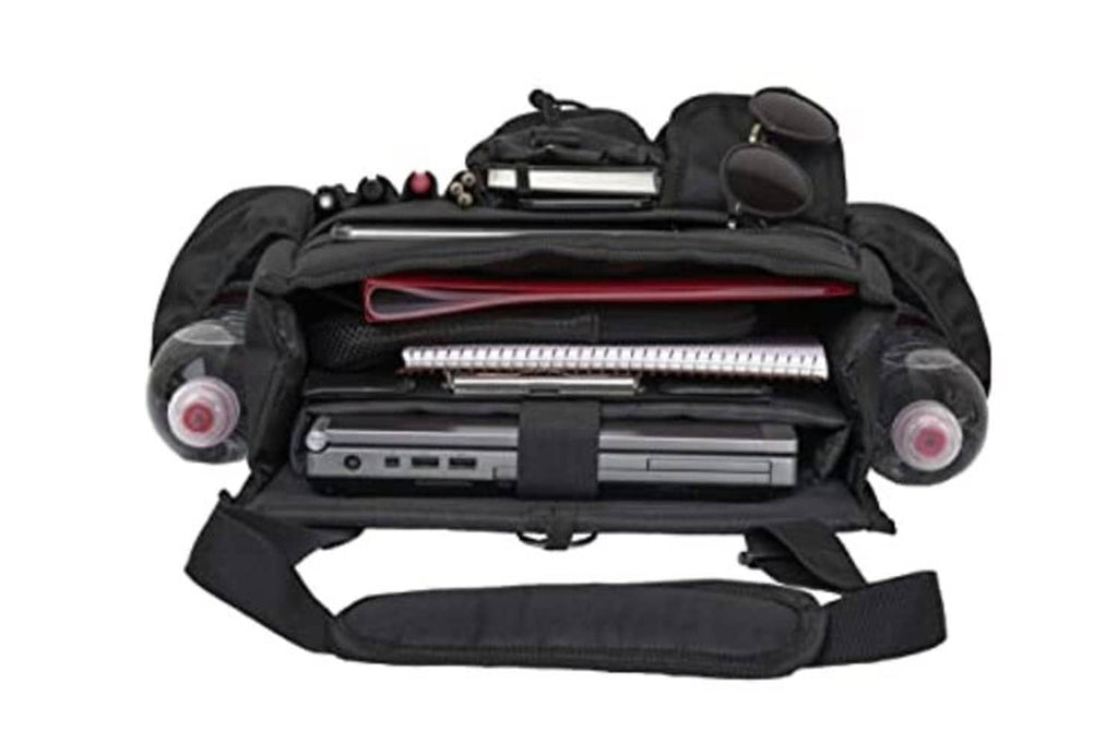 Black car seat organizer open view with padded compartments and elastic front straps.