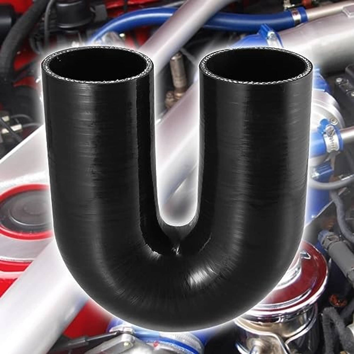Black 180-degree silicone hose reducer coupler, two open ends.