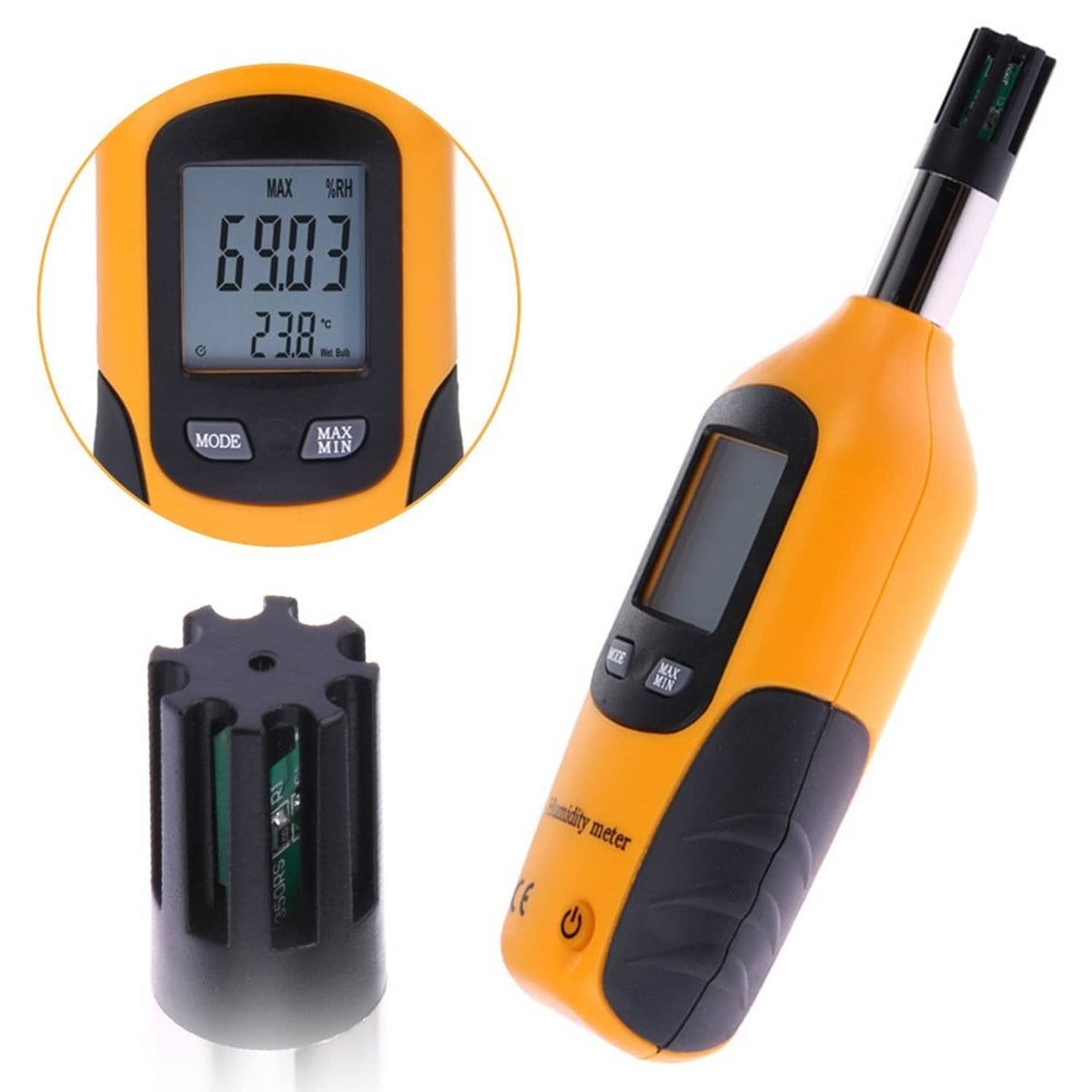 Orange handheld digital psychrometer meter with LCD, plus removable battery insert shown