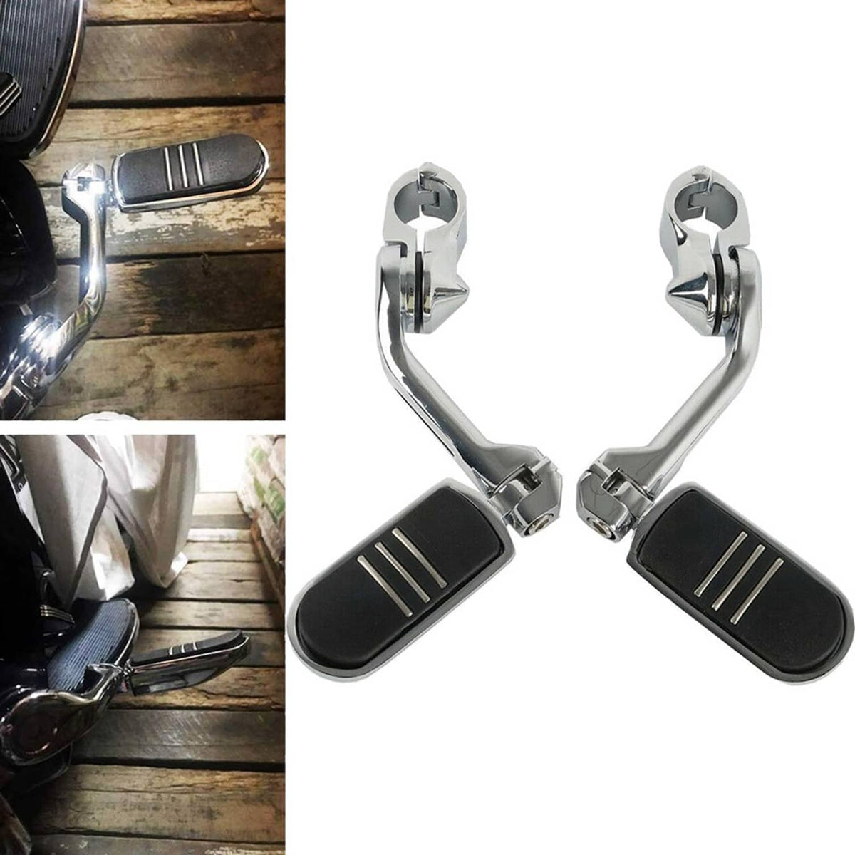 Pair of chrome long highway motorcycle foot pegs with black tread pads