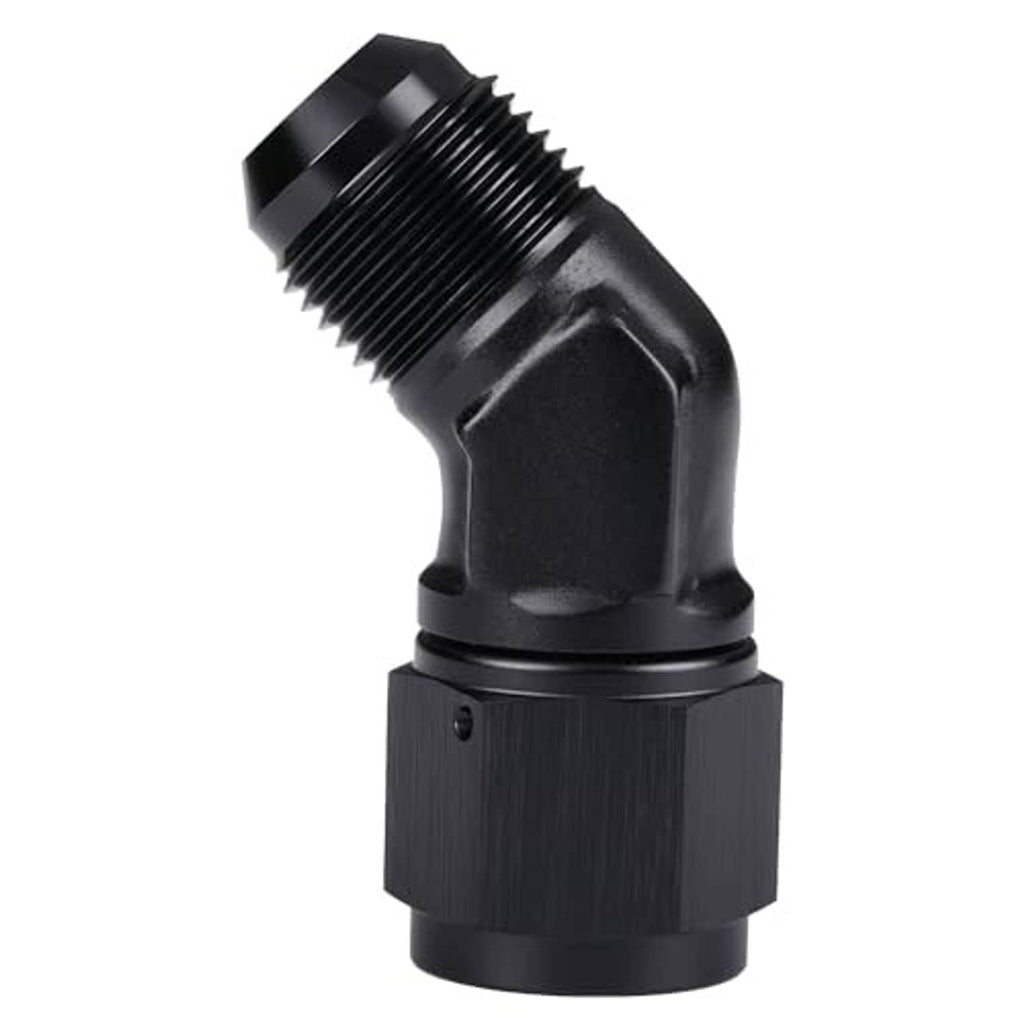 Black 45-degree AN flare swivel elbow fitting, 10AN, side angle showing ridged threads