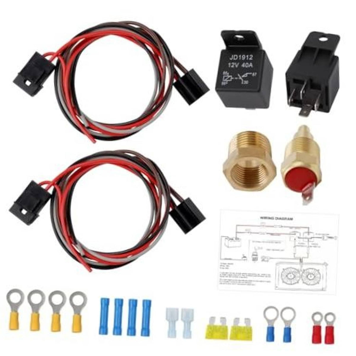 Dual 12V radiator fan relay kit with wiring harness, relays, terminals, and adapter probes