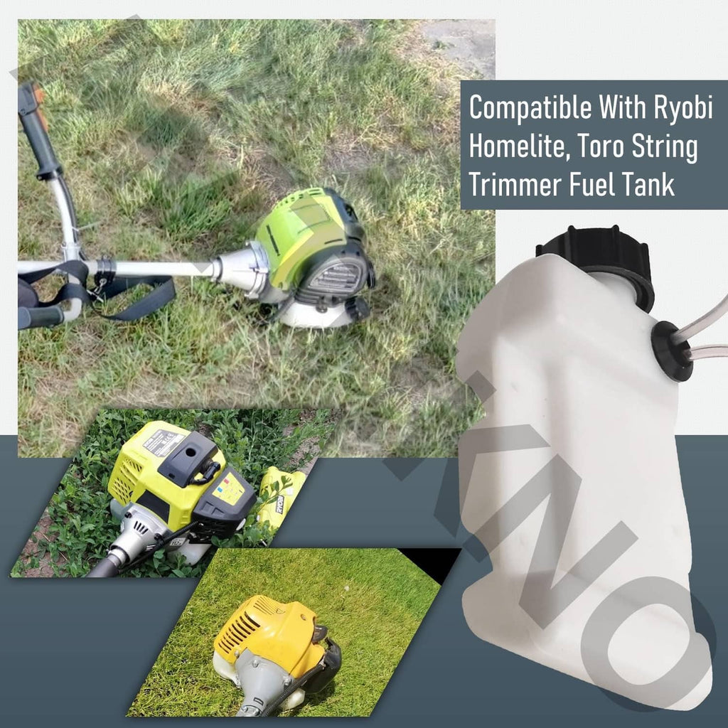 White string trimmer fuel tank assembly with black cap and fuel tube