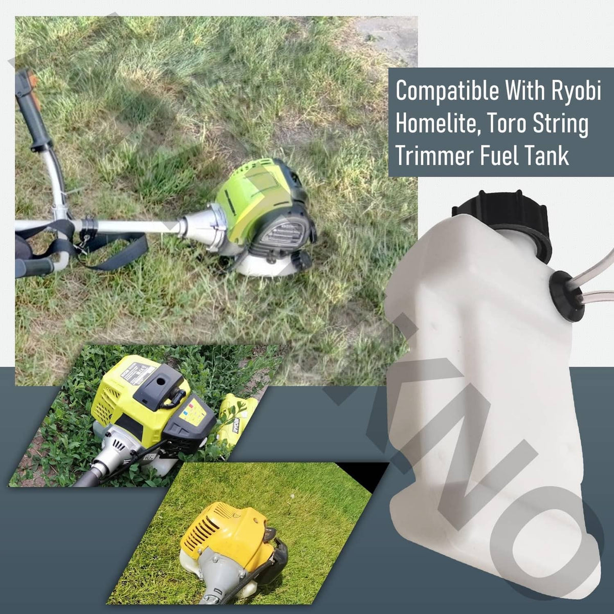 White string trimmer fuel tank assembly with black cap and fuel tube