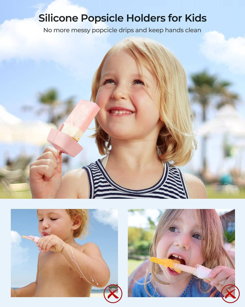 Kids silicone popsicle holder, drip-free design with non-slip grip handle in pink