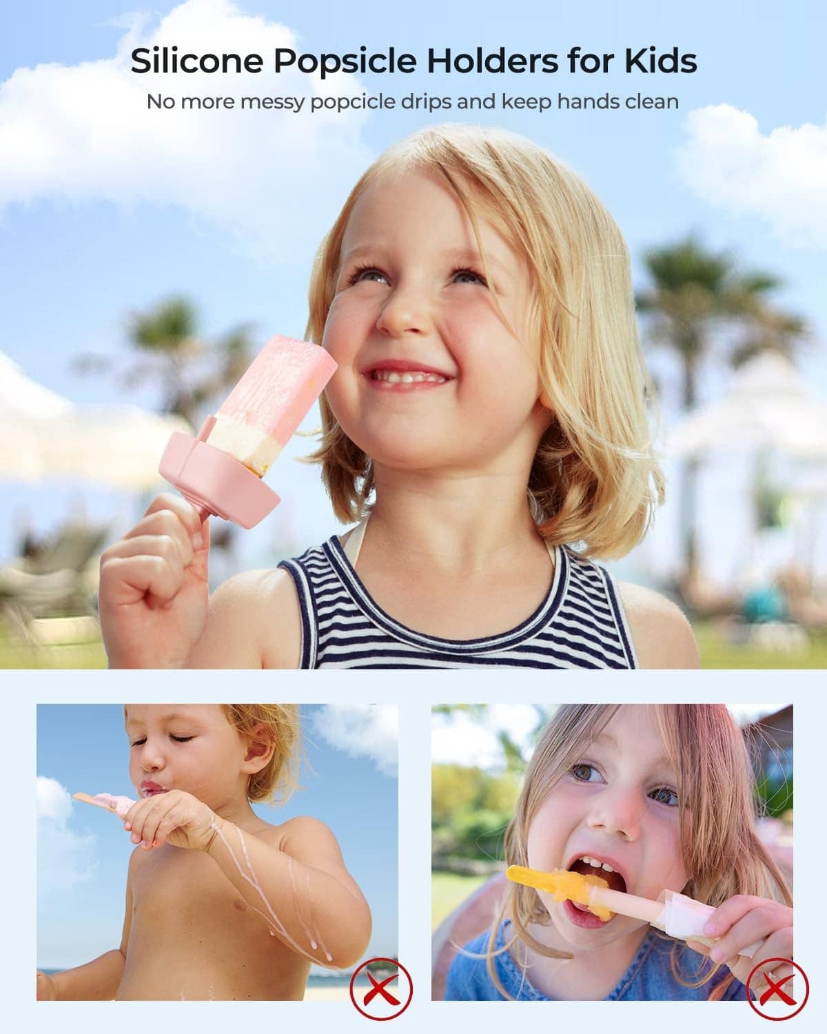Kids silicone popsicle holder, drip-free design with non-slip grip handle in pink