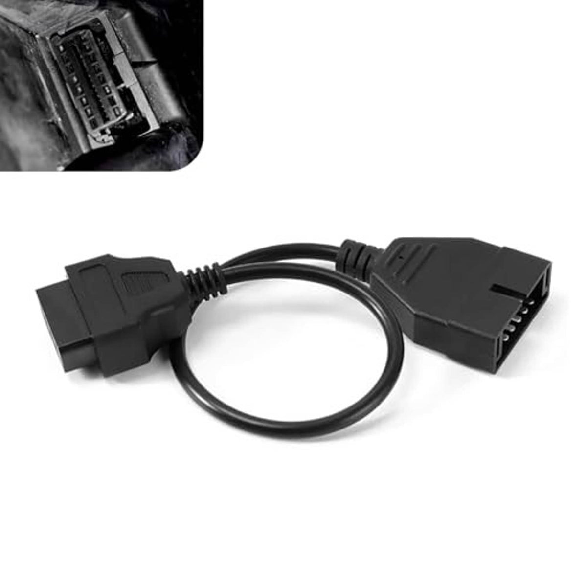 Black diagnostic adapter cable with two molded multi-pin plugs and flexible wire