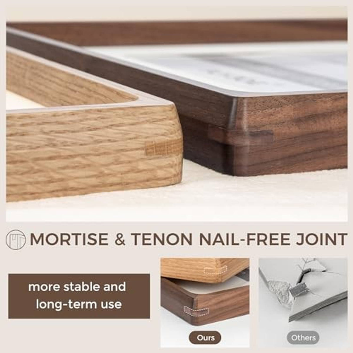 Close-up walnut frame corner with glass panel and mortise-and-tenon joint