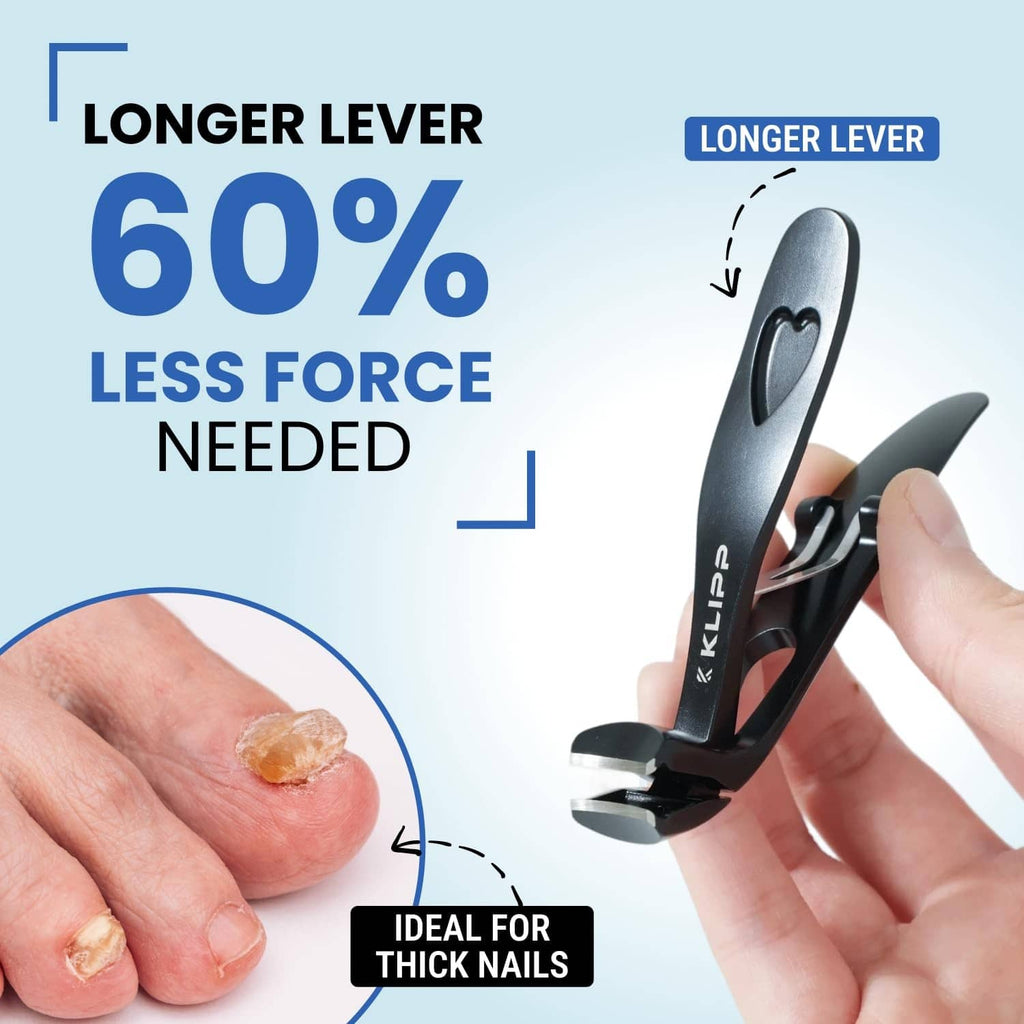 Black KLIPP toenail clipper shown being held; longer lever helps cut thick nails