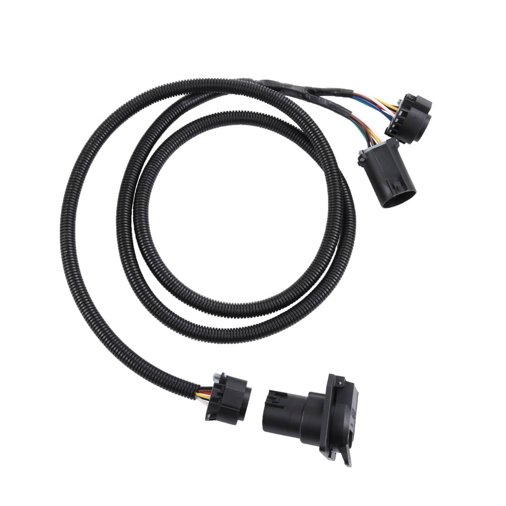 Black coiled wiring harness extension with multiple plugs and main connector housing