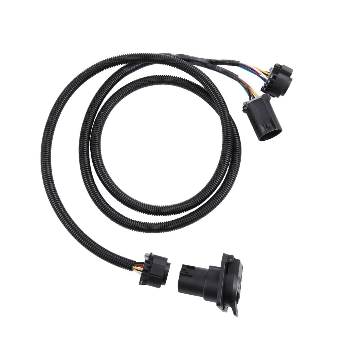 Black coiled wiring harness extension with multiple plugs and main connector housing
