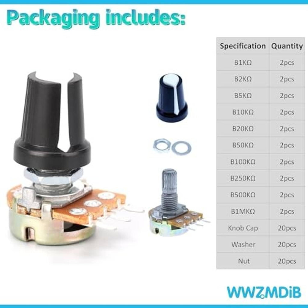 Potentiometer kit components: potentiometer, metal knob cap, washer and nut