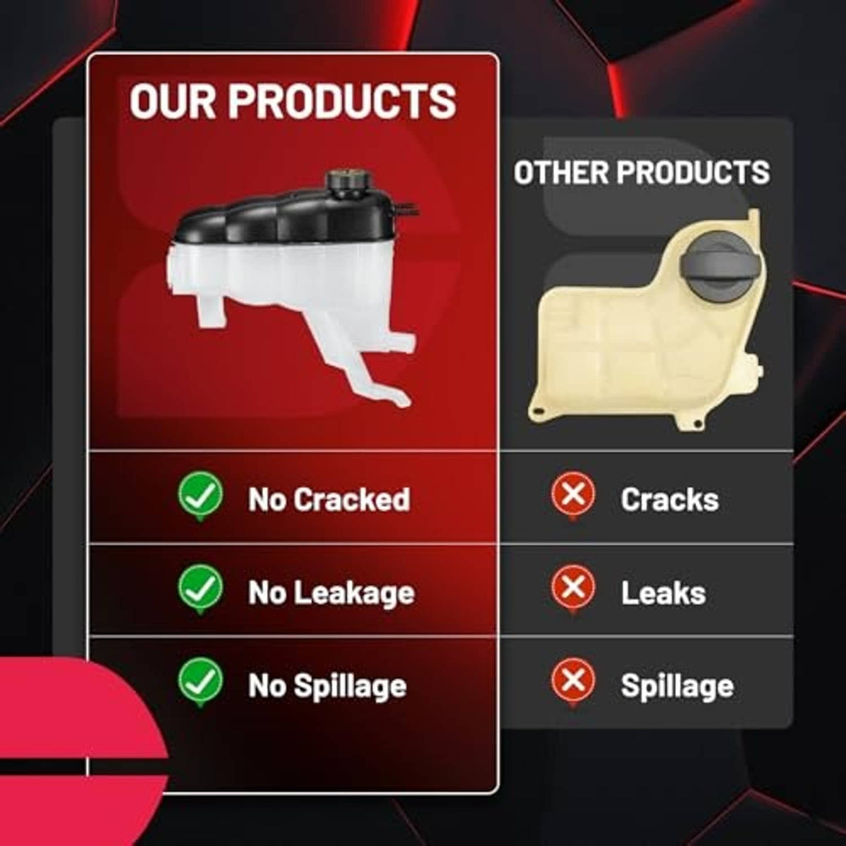 Coolant reservoir comparison graphic showing black reservoir, no cracks and no leaks