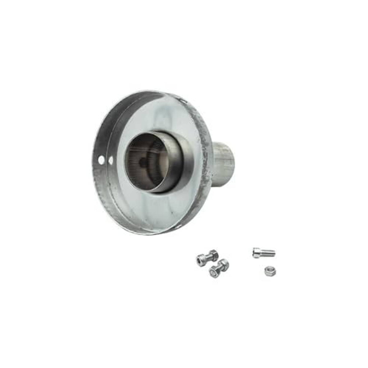 Exhaust muffler tip parts: round stainless housing, black insert, and mounting screws