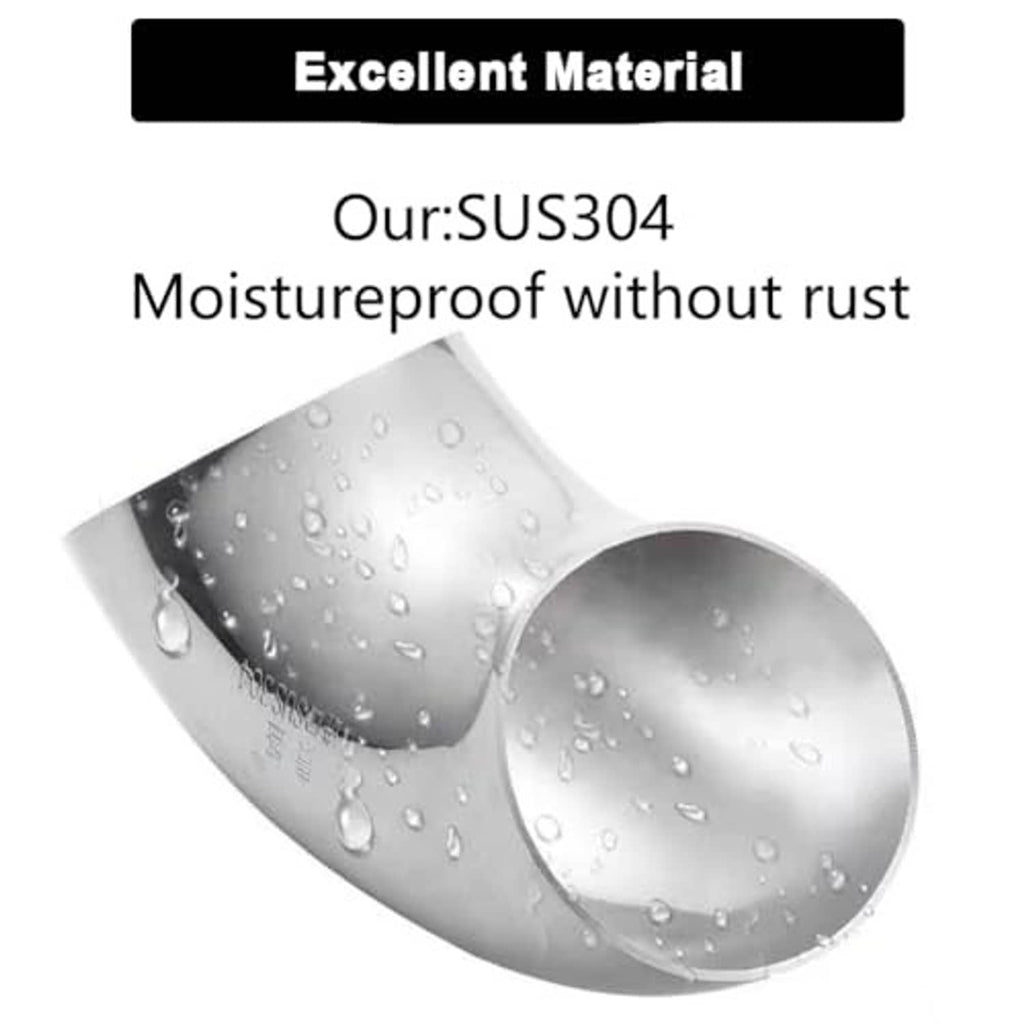 Stainless steel 90-degree bend elbow pipe with water droplets on polished surface