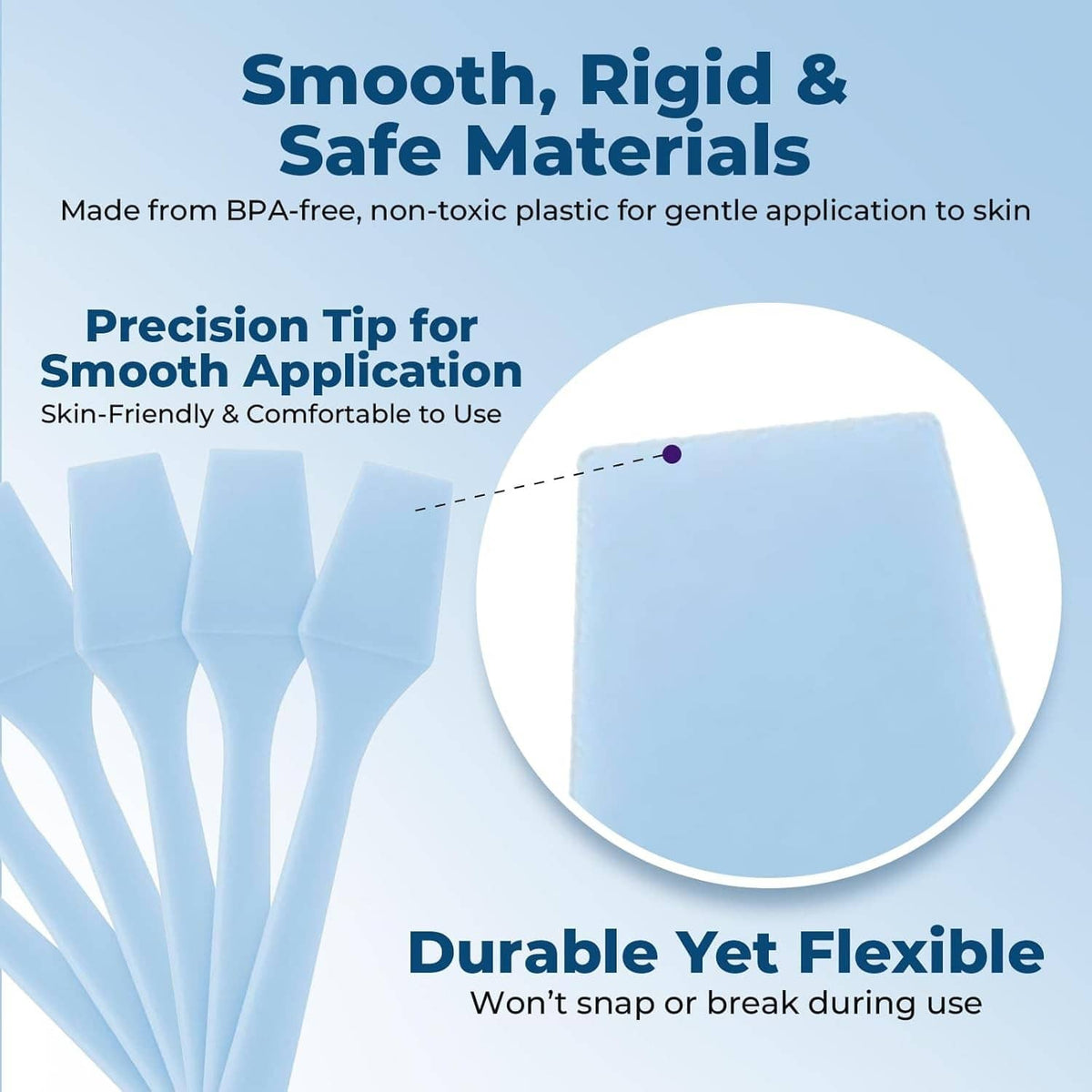 Sky blue mini skincare spatulas with smooth flat heads and slightly curved necks