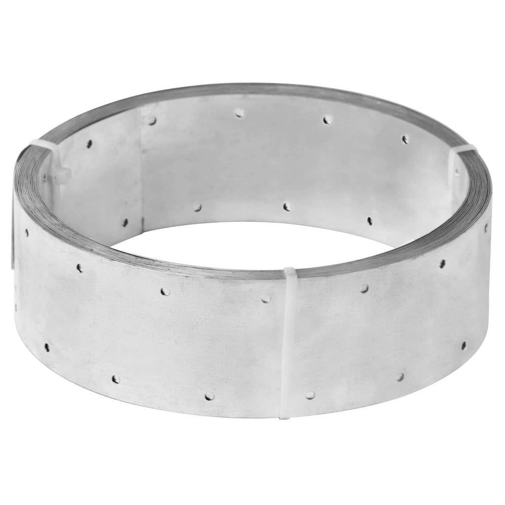 Galvanized steel perforated loop tie strap in silver finish, evenly spaced holes