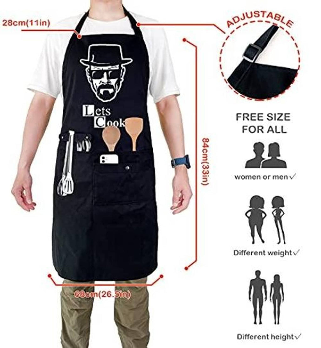 Black "Let's Cook" chef apron with adjustable neck strap and front pockets