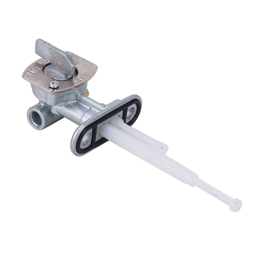 Fuel tank petcock valve with lever and mounting bracket, gray metal and white tube