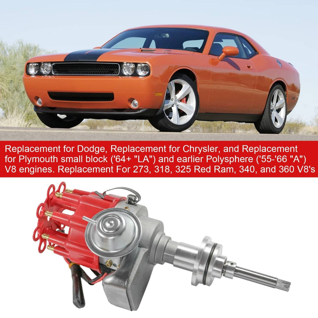Electronic distributor with red cap and silver housing, shown with vehicle front for fit