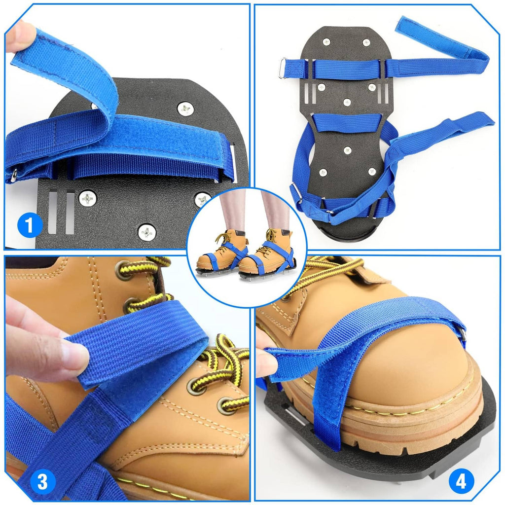 Tan lace-up spike shoe details with blue strap, eyelets, and metal spikes