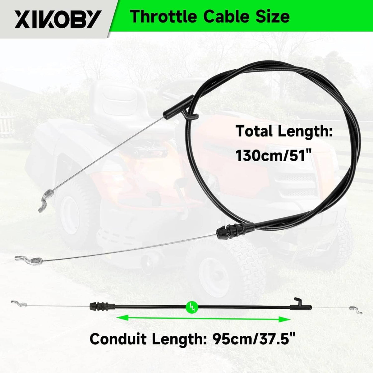 Throttle cable with black housing and metal z-bend ends, shown with length markings