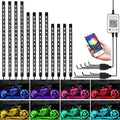 Motorcycle LED light kit with 12 black RGB LED strip bars and app controller phone.