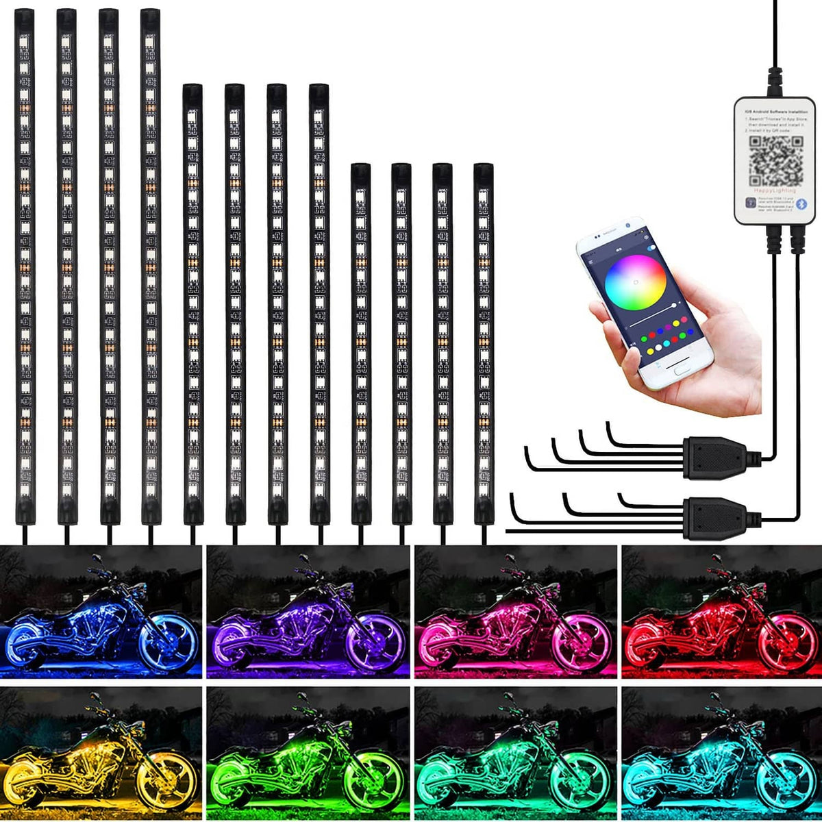 Motorcycle LED light kit with 12 black RGB LED strip bars and app controller phone.