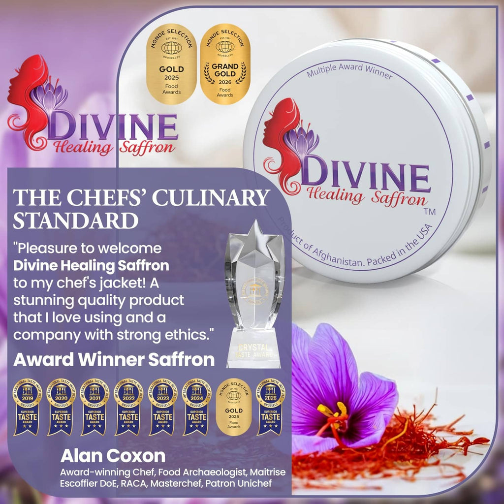 Divine Healing Saffron tin with red threads and a purple crocus bloom