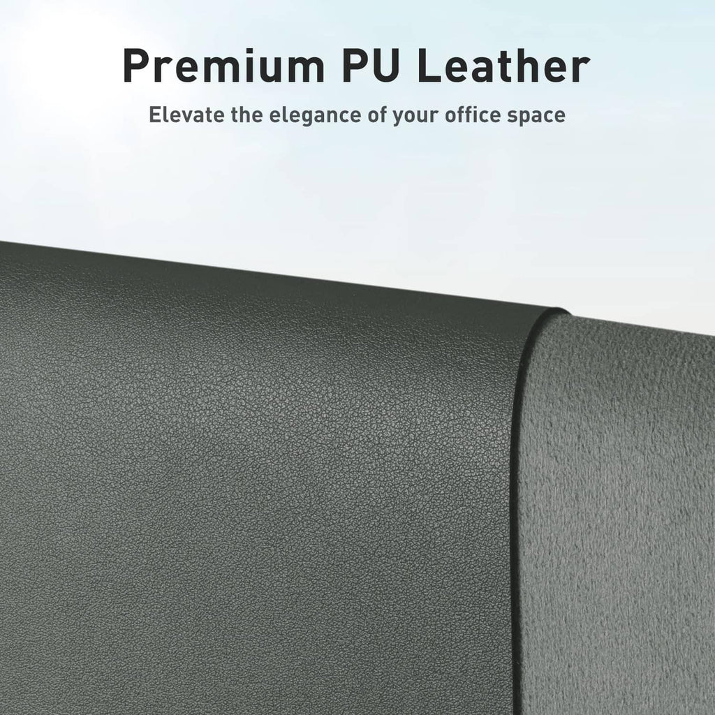 Jungle green leather desk pad corner with pebbled texture and rounded edge