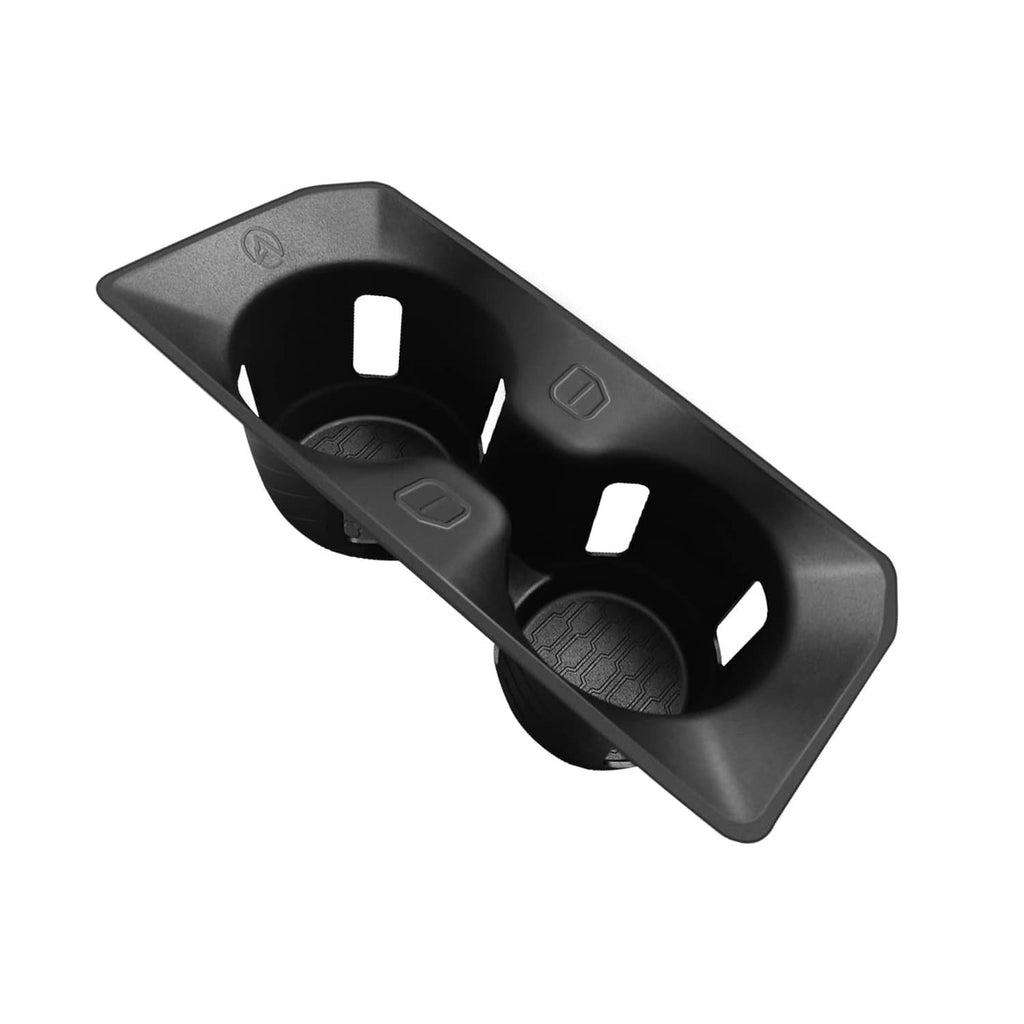 Black molded cup holder tray insert with two cup slots and raised divider inserts