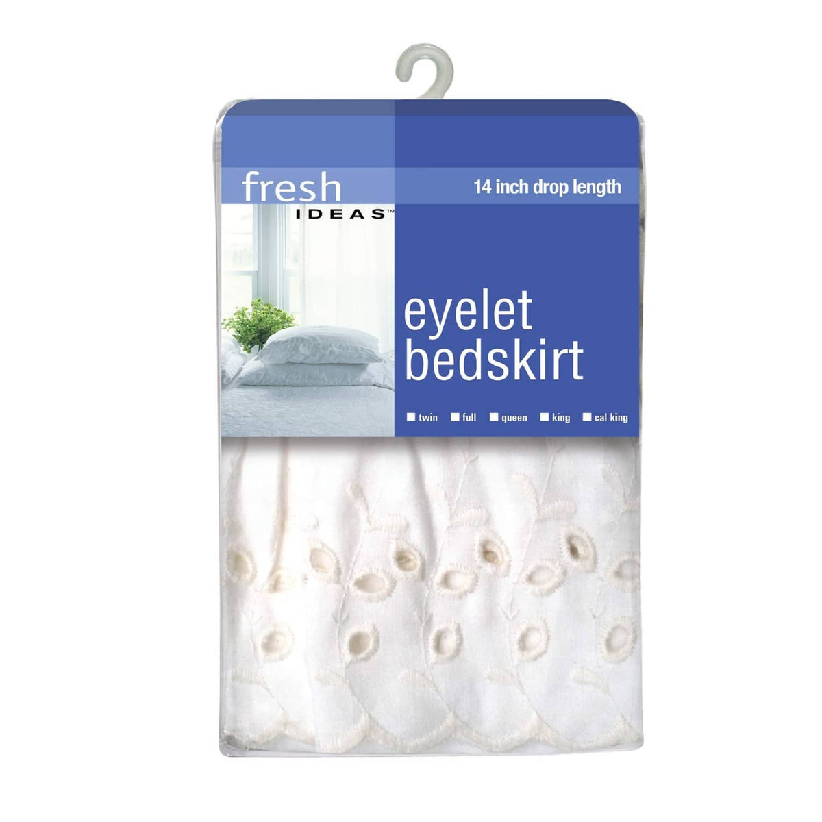 White eyelet bed skirt shown in sealed retail packaging with hanger
