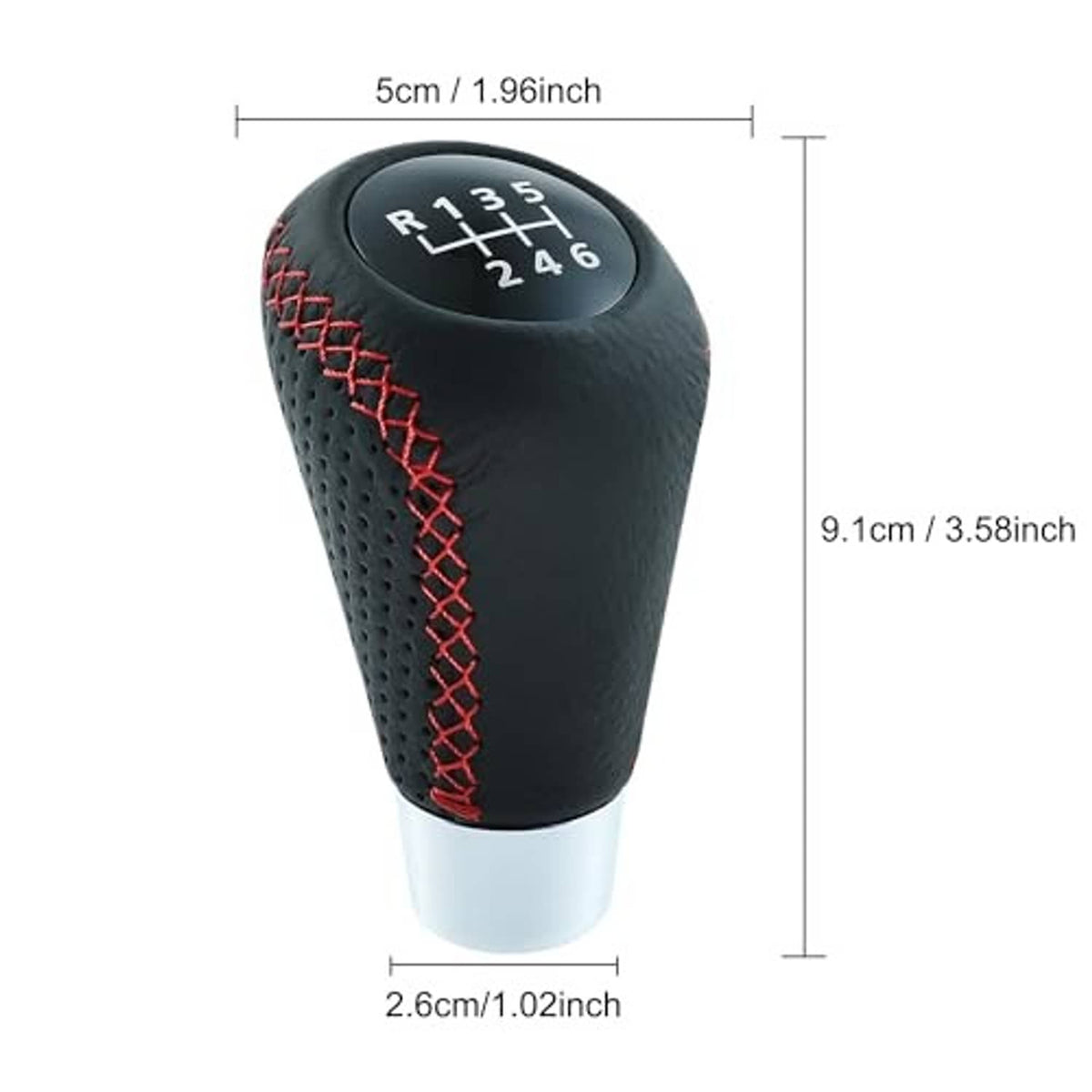 Black leather manual shifter knob with red stitching, 6-speed shift diagram, size measurements shown