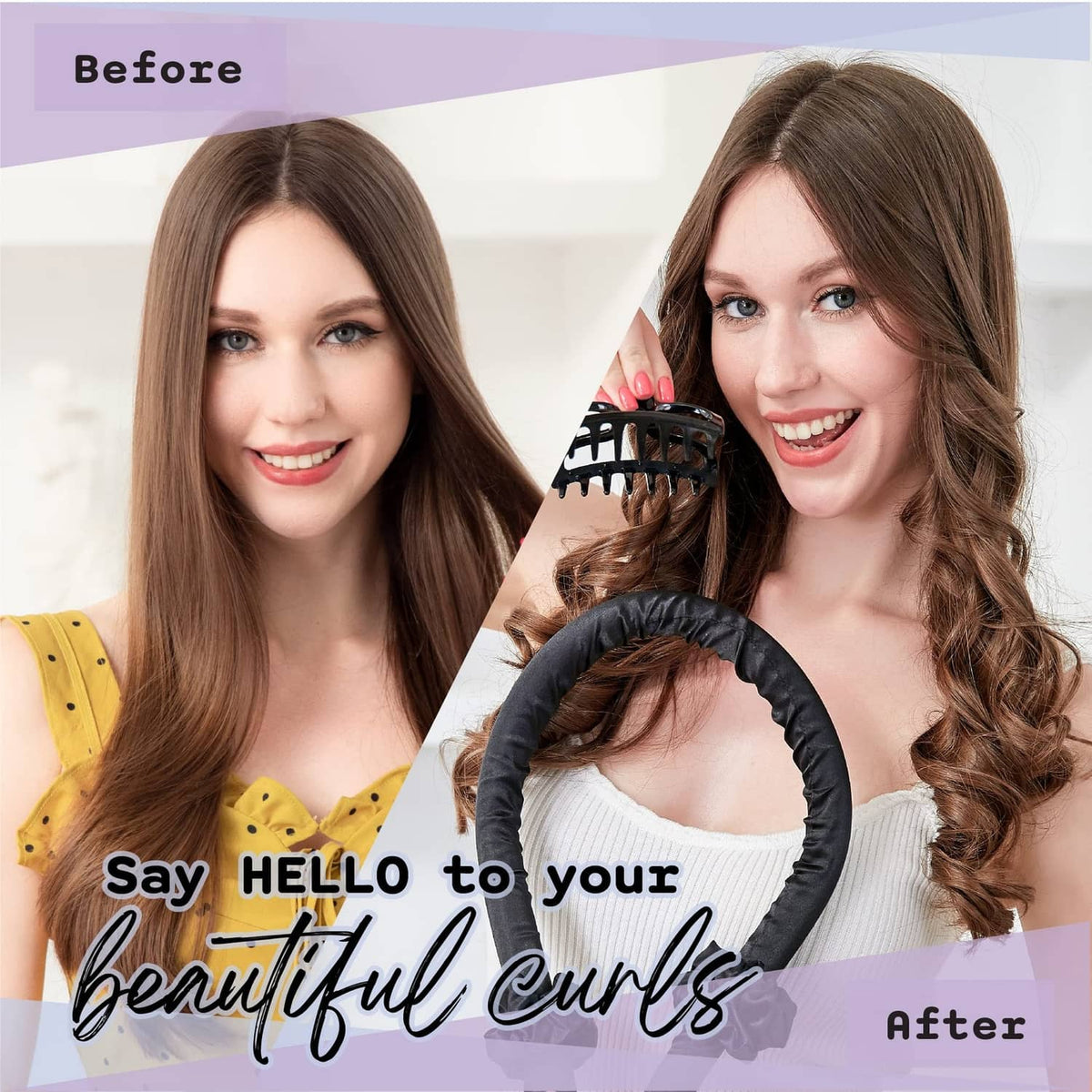 Black silk headband curler near face, woman with long curled hair