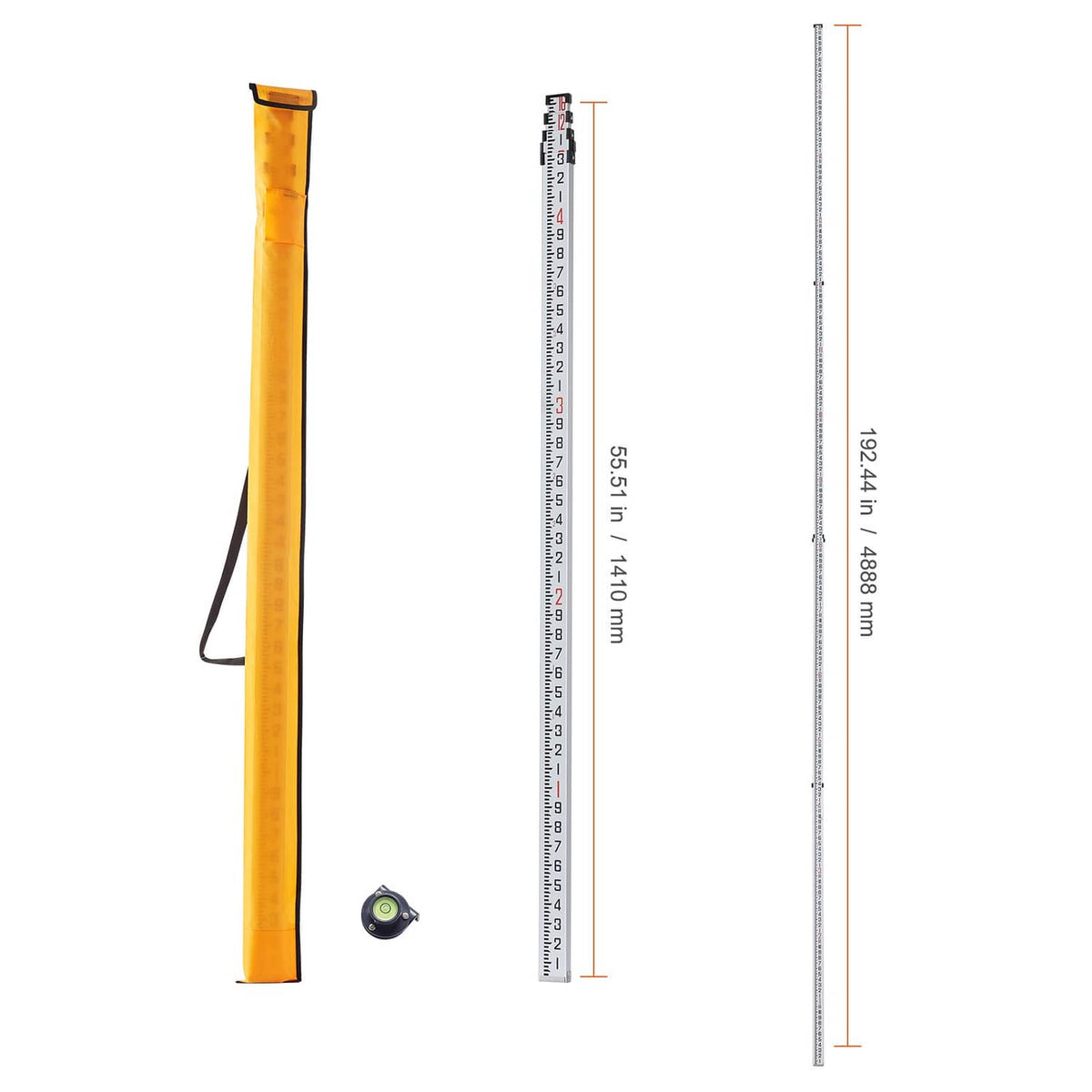 Telescopic measuring rod shown in extended and folded lengths with scale markings