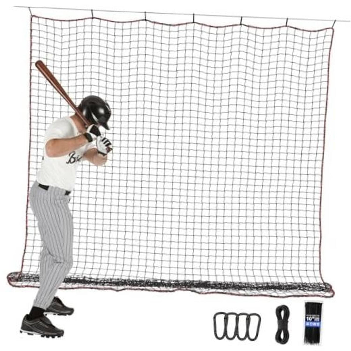 Baseball practice backstop net barrier, white mesh with red binding and low edge