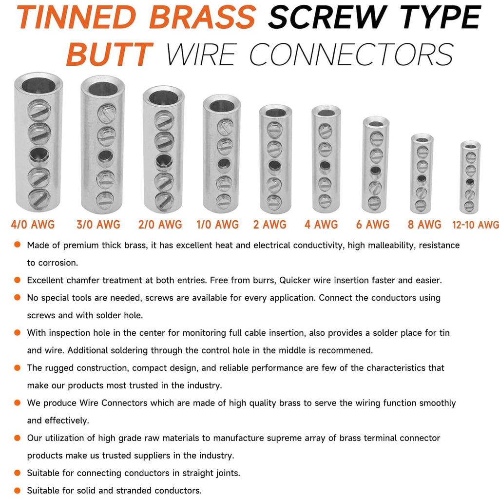 Tinned brass screw-type butt wire connectors chart on metal barrels for multiple wire gauges
