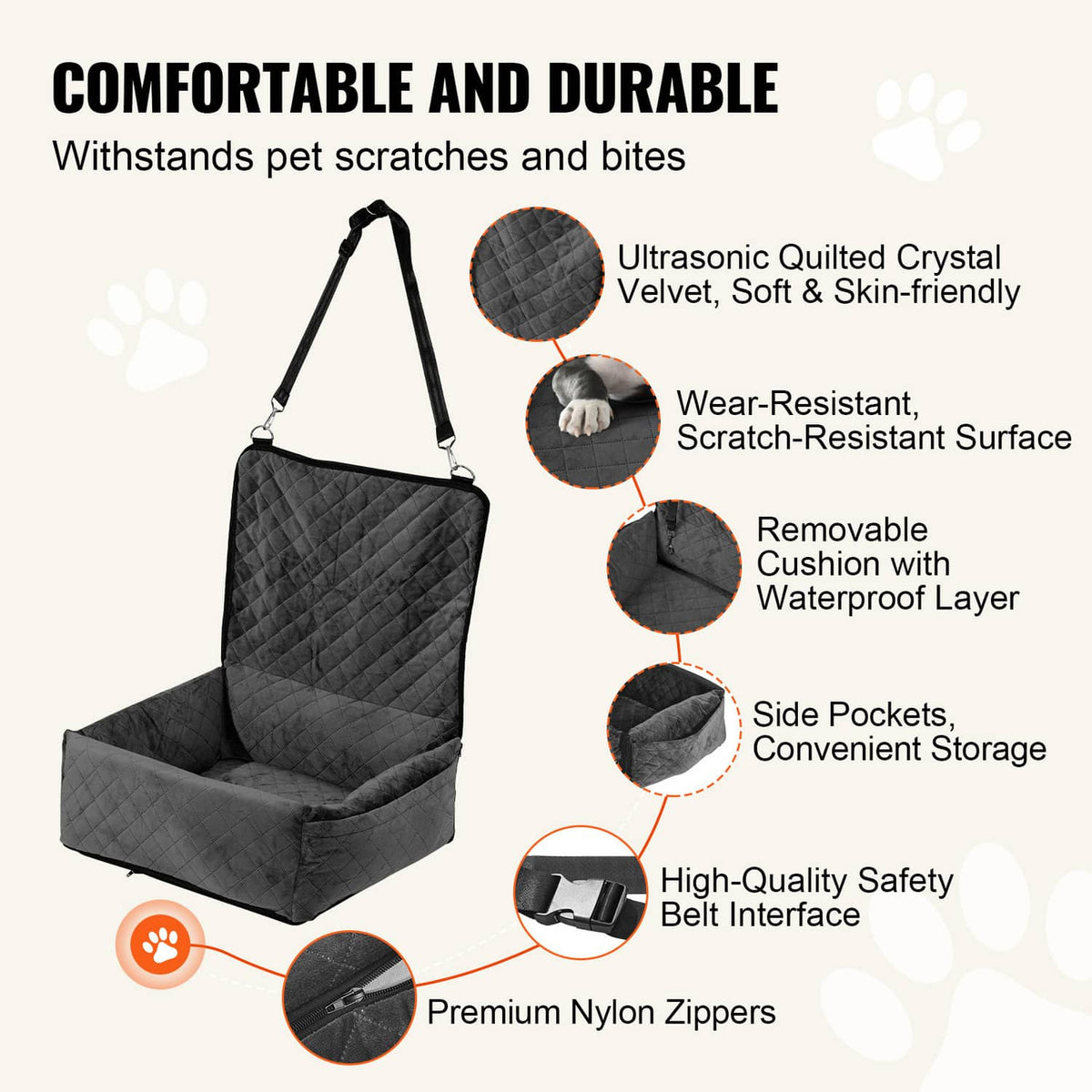 Black quilted dog booster car seat with removable cushion and belt interface, side storage pockets