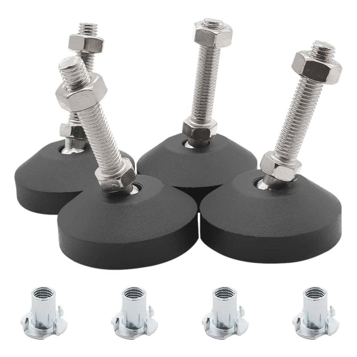Black M10 leveling foot with anti-slip base, threaded stud, and included T-nut