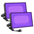 Two rectangular LED blacklight flood lights with purple glow, black frames, power cable
