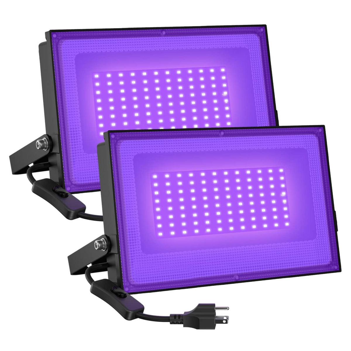 Two rectangular LED blacklight flood lights with purple glow, black frames, power cable