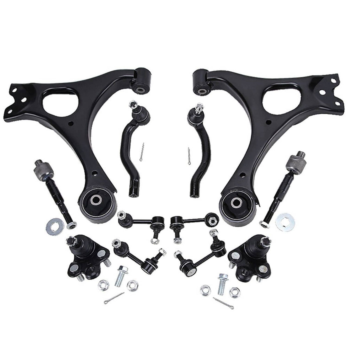 Front suspension lower control arm kit with black arms and assorted brackets, links, and fasteners