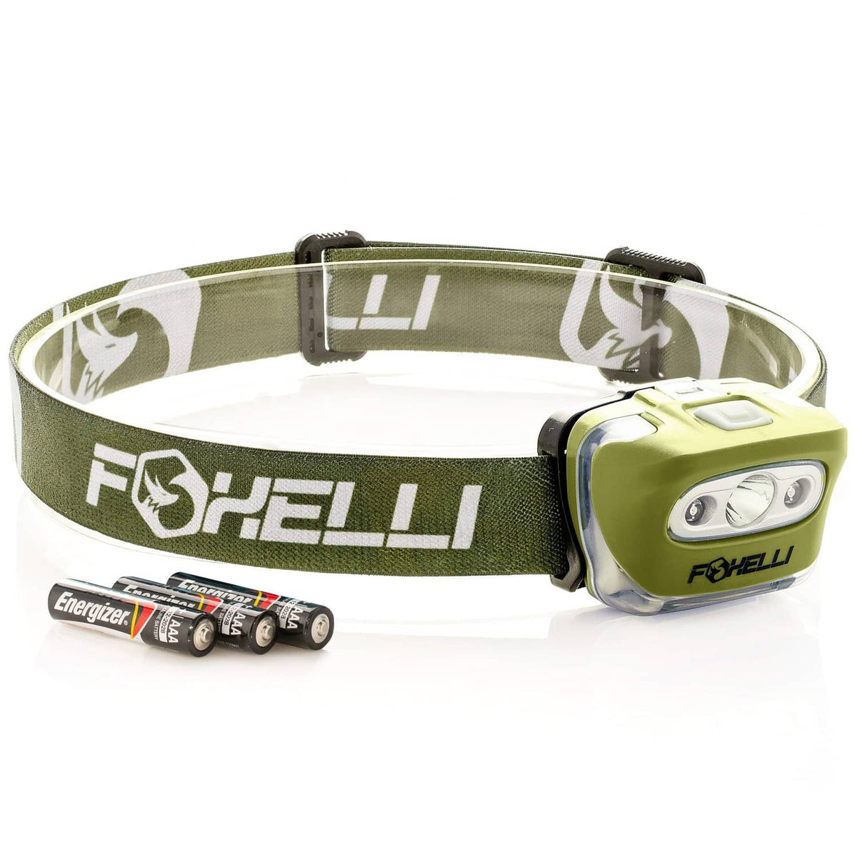 Foxelli khaki headlamp with green strap and front LED housing, three lenses