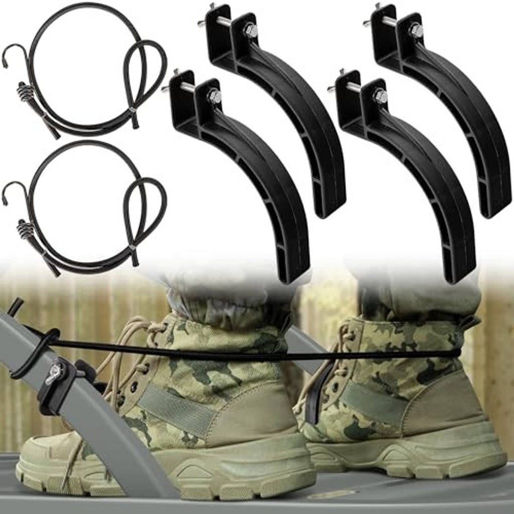 Camouflage boots on a climbing stand with four black stirrup brackets and rope loops