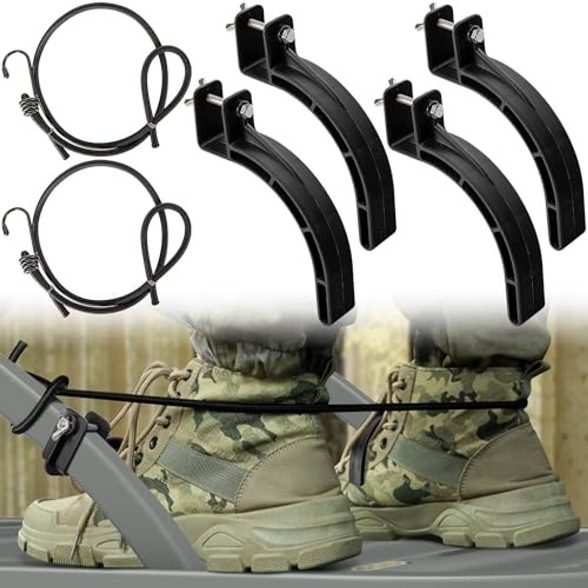 Camouflage boots on a climbing stand with four black stirrup brackets and rope loops