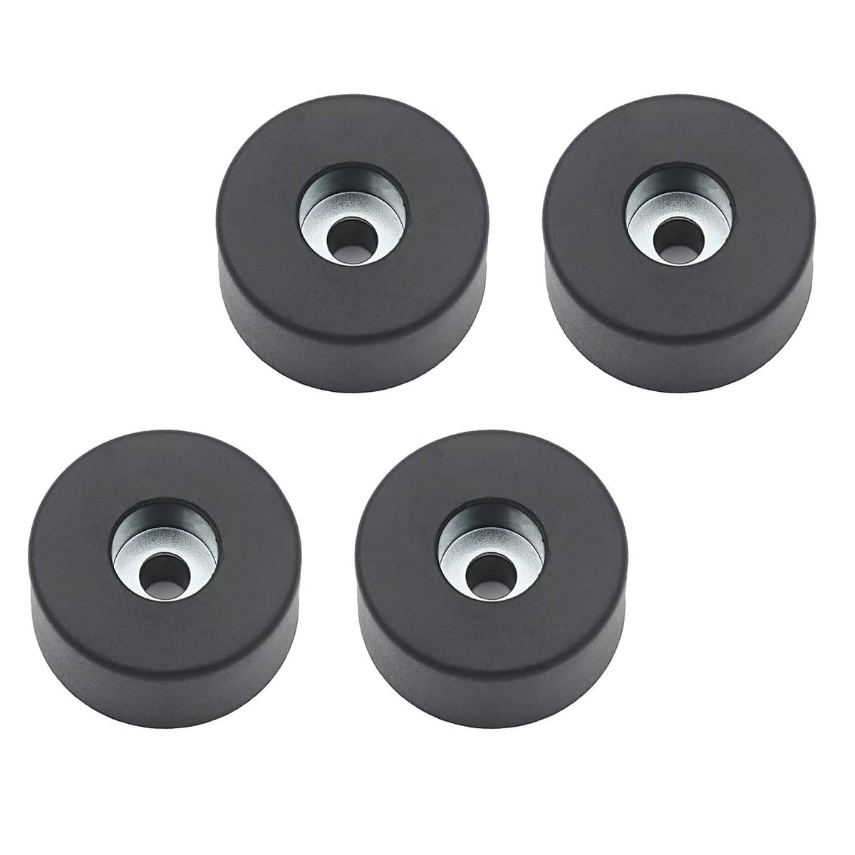 Four black rubber feet pads with centered silver inserts, replacement isolator set