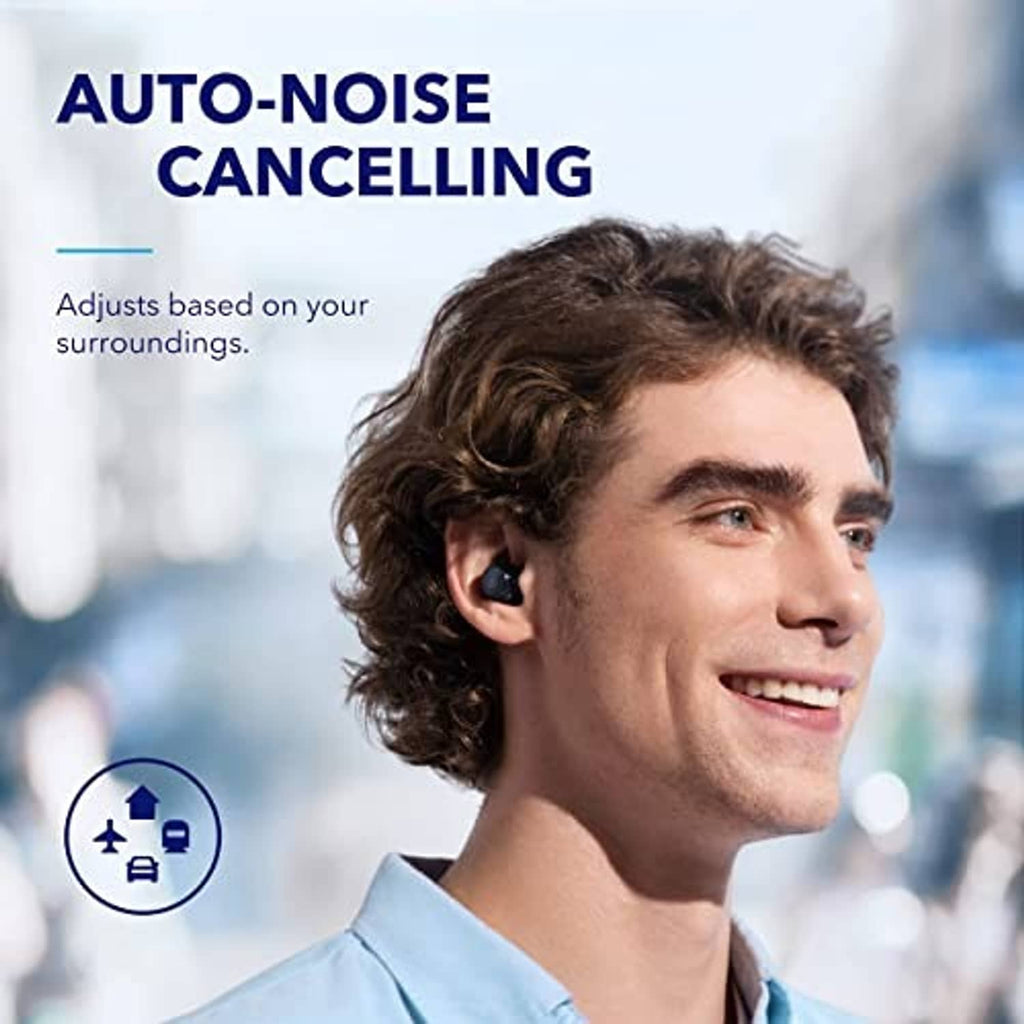 Black in-ear wireless earbuds in a person’s ear for noise cancelling